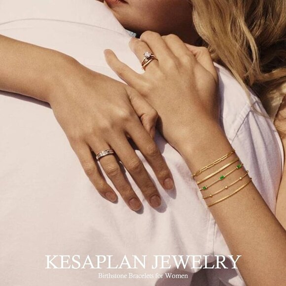 Birthstone Gold Bracelets for Women Water-Resistant 14K Gold Plated Dainty Stack - Picture 4 of 8